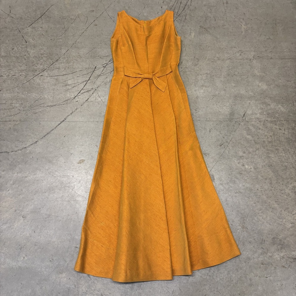 Vintage 60s Raw Silk Dress Hostess Gown Womens XS Orange Bow Front A Line Maxi